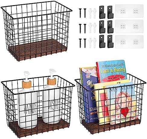 Wall Hanging Baskets, 3 Wooden Wire Bins with Hooks & Adhesive Mount(Large) by LIGHTDUST