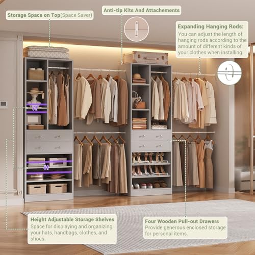 Besiost Closet System, Up to 134"/11.2 FT Closet Organizer with 4 Wooden Drawers and Shelves, Walk-in Closet System with 6 Hanging Rods, Built-in Closet Can Fit 96"/8FT, 120"/10FT, Morandi Grey Set 2 - Image 5