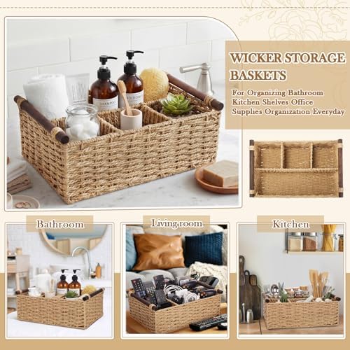 Remerry Beige Bathroom Countertop Organizer Caddy, Wicker-Like Divided Basket with Handle and Metal Frame, 4 Compartment, Paper Rope Storage Organizer for Vanity Kitchen (10.24 x 7.87 x 3.94 in) - Image 4