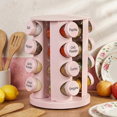 Yungyan Pink Rotating Spice Rack with 16 Empty Jars and Labels - Image 2