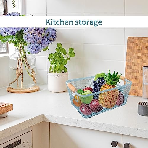2Pack Metal Mesh Steel Basket with Bamboo Handle - Wire Metal Basket for Kitchen Organization, 12" Wide Food Organizer Bin, Perfect for Organizing Bulk Pantry (BLUE) - Image 6