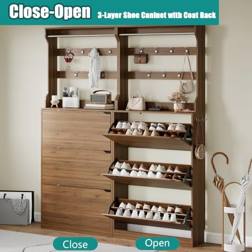 Shoe Cabinet for Entryway with 3 Flip Drawers, Walnut Tall Wood Shoe Storage Cabinet with Coat Rack, Narrow Hidden Slim Freestanding Shoe Rack Organizer, 2 in 1 Hall Tree for Living Room, Hallway - Image 5