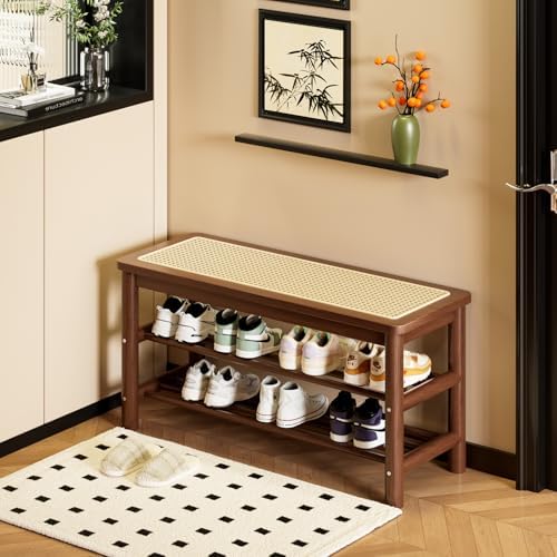 latifolia Shoe Rack Bench, 3-Tier Bamboo Shoe Bench with Breathable Rattan Seat Cushion, Shoe Storage Rack for Entryway(Walnut,39.70''L) - Image 6