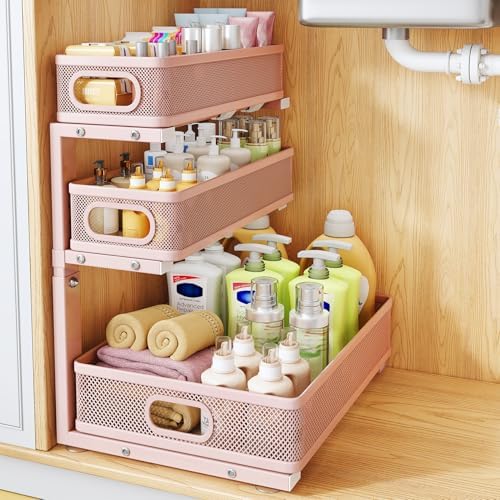 Under Sink Organizer, 3-Tier Thickened Metal Pull out Cabinet Organizer Shelf, Height Adjustable Slide out Storage Drawer Rack for Kitchen Bathroom Pantry Laundry Home Organization, 1-Pack, Pink by HERJOY