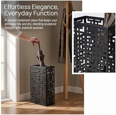 BEWBBAT Umbrella Stand Rack for Entryway, Hollow Metal Holder, FreeStanding Storage Bin for Long Umbrellas, Holds 6-7, Black - Image 7