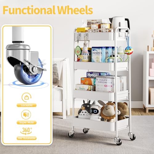 TOOLF 4 Tier Metal Rolling Cart, Utility Storage Cart with Wheels, White - Image 4