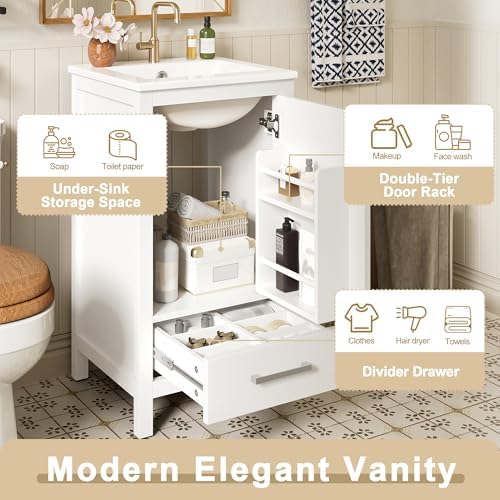 Harper & Bright Designs 18" Bathroom Vanity with Sink, Free Standing Single Vanity Set with One Divider Drawer, and Door Storage Shelf, Wooden Storage Cabinet with Ceramic Basin for Bathroom, White - Image 6