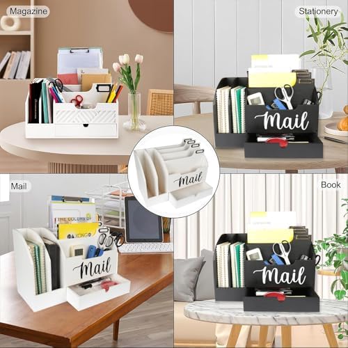Wood Desk Organizer, Mail Organizer Countertop with Drawer, White - Image 5