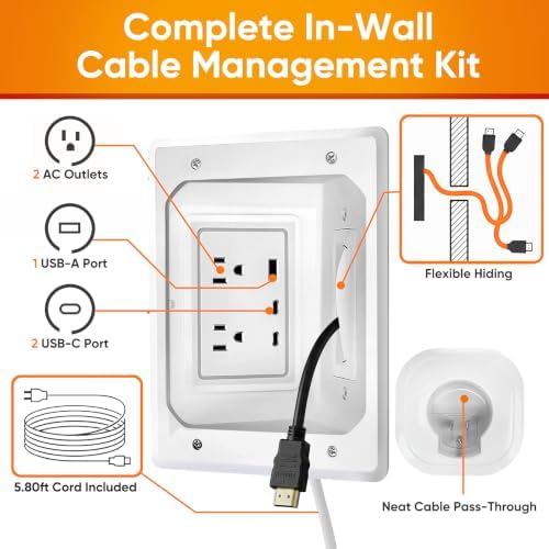 in Wall Cable Management Kit, Recessed Power, AC Outlet + USB-A & C Ports - Image 2
