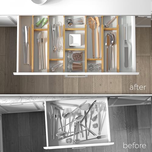 EcoFives Adjustable Bamboo Drawer Dividers with Inserts, Expandable Spring-Loaded Drawer Organizer for Kitchen, Clothes, Tools, Silverware, Bamboo Organizer Separators - 6 Large Pieces - Image 2