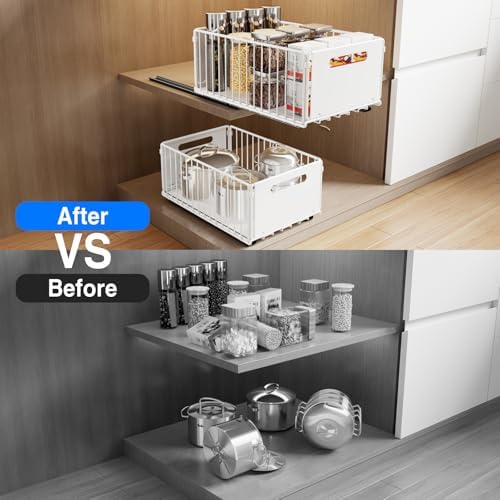 Mustorn 2 Pack Pull Out Cabinet Organizer, Slide Out Drawers for Cabinets, Peel and Stick, Heavy Duty Shelves for Kitchen, Cupboard, Pantry, Bathroom (14.76" D*9.65" W*7.87" H-White) - Image 6