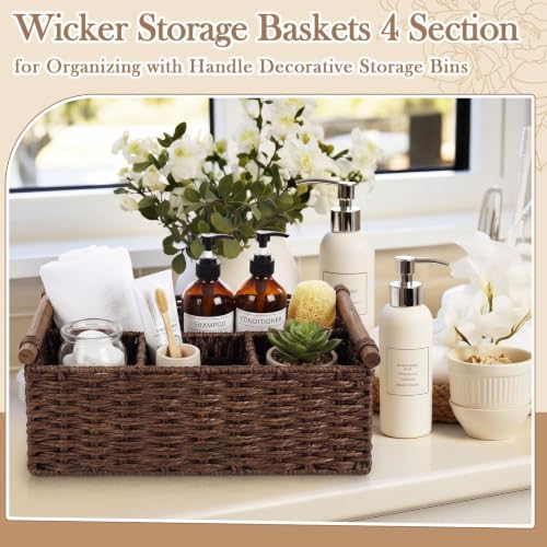 Remerry Brown Bathroom Countertop Organizer Caddy, Wicker-like Divided Basket with Handle and Metal Frame, 4 Compartment, Paper Rope Storage Organizer for Vanity Kitchen (15.35 x 10.24 x 6.3 in) - Image 5
