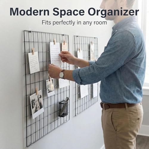 Kaforise Painted Wire Wall Grid Panel, Multifunction Photo Hanging Display and Wall Storage Organizer, Pack of 2, Size:23.6"x 23.6", Square Black - Image 4
