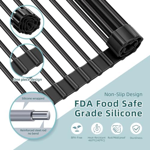 Ohuhu Over The Sink Dish Drying Rack, 20.5" W x 13.1" L Rolling Dish Drainer Foldable Sink Accessories Heat-Resistant Mat Anti-Slip Silicone Coated Dish Racks for Kitchen Counter - Image 5
