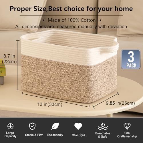 OIAHOMY 3-Pack Storage Basket Organizing Woven Basket for Shelves Brown - Image 3