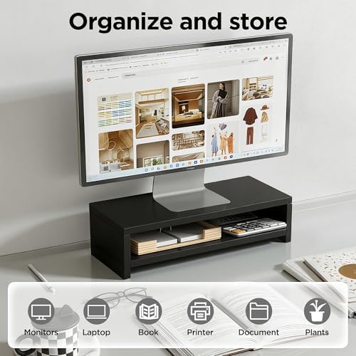 Wooden Monitor Stand Riser, 2-Tier Desk Shelf with Storage Organizer, Ergonomic Computer Stand, Storage Organizer for Laptop, Computer, Black, 15.7 Inch - Image 3