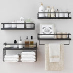 Black Wood Floating Shelves Wall Mounted - 3+1 Tier Rustic Bathroom Wall Shelves Over Toilet with Wire Storage Basket and Towel Bar, set of 4 Farmhouse Floating Shelf for Bathroom, Kitchen, Bedroom. by LUDORU