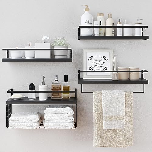 Black Wood Floating Shelves Wall Mounted - 3+1 Tier Rustic Bathroom Wall Shelves Over Toilet with Wire Storage Basket and Towel Bar, set of 4 Farmhouse Floating Shelf for Bathroom, Kitchen, Bedroom. by LUDORU