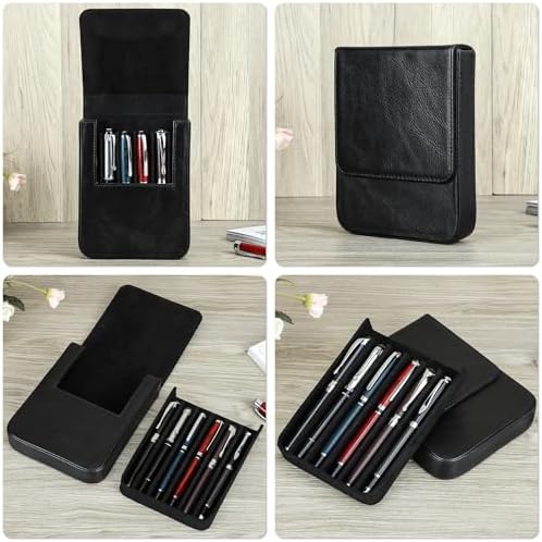 Top Grain Genuine Leather 6 Fountain Pen/Pencil Tray Case, Minimalist Fashion Design, Handmade, Magnetic Closure with Drawer Design, Gift Choice for Man/Woman/Office, Glossy Black, 6 Slots - Image 2
