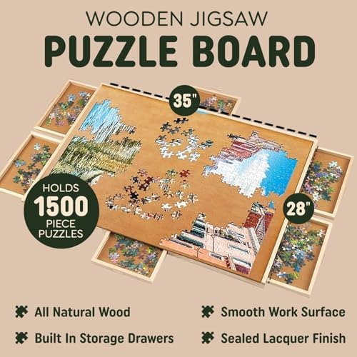 1500 Piece Wooden Jigsaw Puzzle Board - 6 Drawers, Preassembled Rotating Puzzle Table | 35” X 28” Jigsaw Puzzle Board | Puzzle Cover Included - Portable Tables for Adults and Kids - Image 2