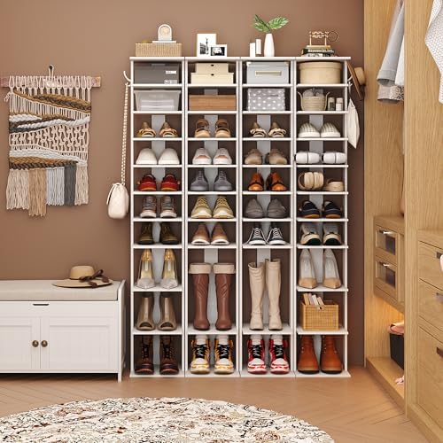 HOMEFORT 10-Tier Vertical Shoe Rack, Corner Shoe Tower, Slim Shoe Organizer with Two Hanging Hooks, Wooden Shoe Storage Stand for Entryway, Hallway, Closet (White) - Image 2