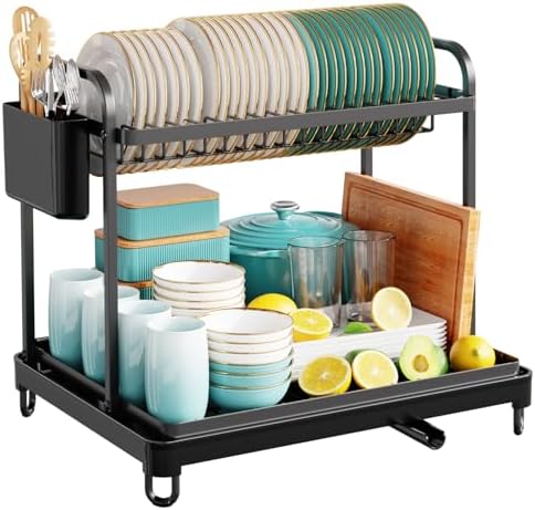 Sakugi Dish Drying Rack 2-Tier 16.7" x12.7" x15.8" Black Double Rod - Image 3