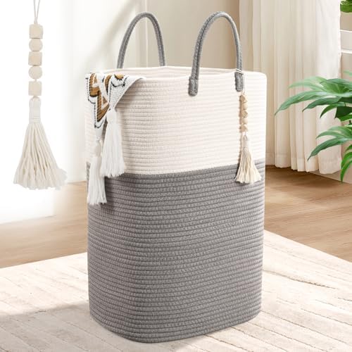 Woven Laundry Basket for Clothes, 50L Large Rectangle Laundry Hampers with Beads Tassel, Nursery Storage Basket for Toys, Tall Dirty Clothes Hamper for Bedroom Aesthetic, Laundry Room Organization by WENMER