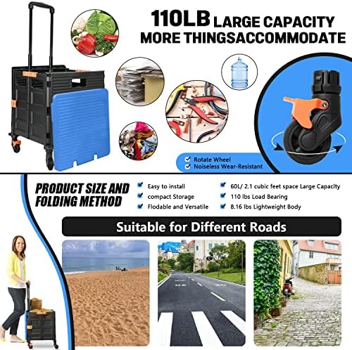 Foldable Utility Cart Folding Portable Rolling Crate Handcart Handcart Shopping Trolley Wheel Box with Lid,360°Rotate Wheels,Heavy Duty Durable Dolly Cart for Teacher Tourist Shopping Office Outdoor - Image 3