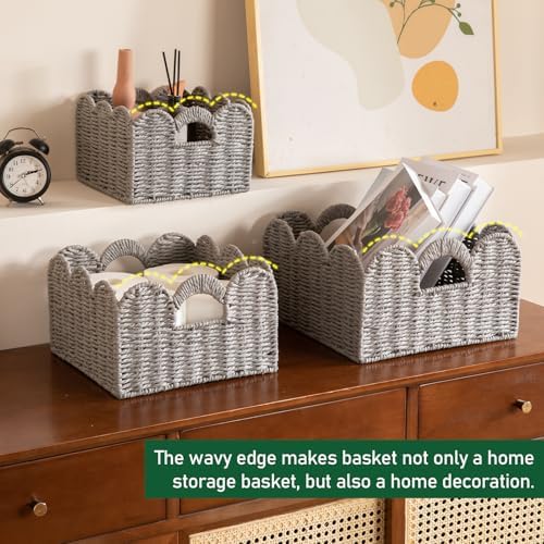 OIAHOMY Scalloped Wicker Baskets, Hand-woven Storage Baskets with Built-in Handles, Paper Rope Shelf Baskets for Organizing and Decoration, Set of 3-Grey - Image 6
