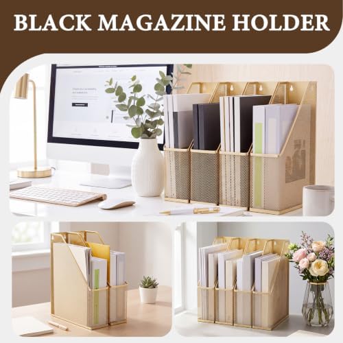 Sliner 4 Pack Gold Metal Magazine Holder Mesh Steel Document Rack 1 Section File Organizer Extra Wide Magazine Folder Storage Desk Tidy for Office Home, 12.6"x 9.8"x 3" - Image 6