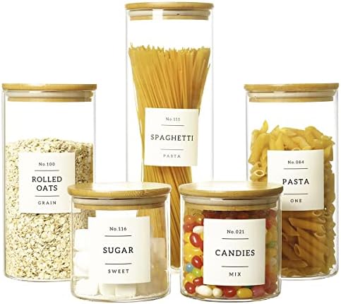 HHMJSM 5 Pcs Glass Food Storage Containers With 132 Pantry Labels Preprinted - Thicken(3mm) Jars Airtight Bamboo Lid Stackable Kitchen Canisters Set For Candy, Cookie, Rice, Sugar, Flour by HHMJSM