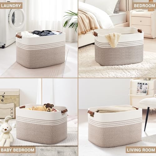 100L Large Woven Laundry Basket Hamper with Leather Handles,Brown​ - Image 4