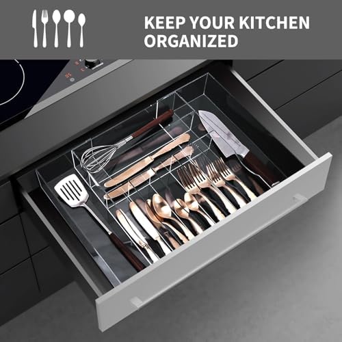 Clear Acrylic Drawer Organizer for Kitchen Utensils and Flatware, Adjustable Silverware Tray with 9 Compartments for Drawers, Office, and Bathroom Storage - Image 2