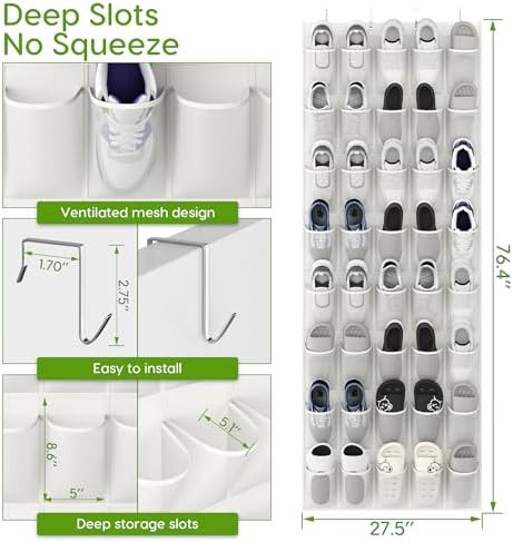 Over the Door Shoe Organizer with 40 Large Breathable Mesh Pockets, Space Saving Shoe Holder, Hanging Shoe Rack for Entryway Bedroom Closet Storage (White, 80 Pockets) - Image 2