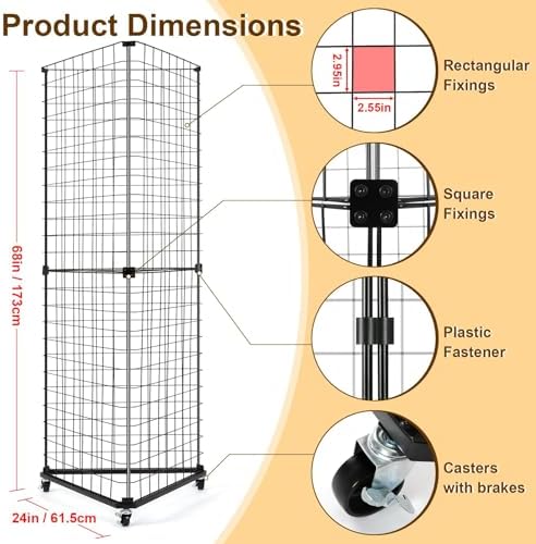 GADFISH Triangular Gridwall Panel Display Stand, Black Triangle Wire Grid Tower with Base and Casters, 24" x 68" Rolling Grid Wall, Panel Stand for Home Organization, Retail, Trade Show, Vendor - Image 3