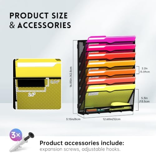8-Tier Wall File Organizer with Base and Hooks, Hanging Organizer, Black - Image 7