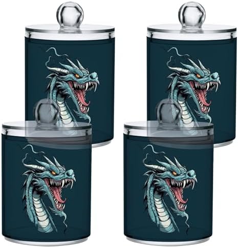 Fustylead 4 Pack Western Dragon Plastic Apothecary Jars with Lid, Bathroom Vanity Storage Organizer Canister for Qtip, Cotton Ball, Swab, Round Pads, Floss by Fustylead