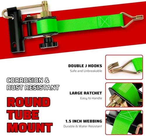 Green Rack Straps with J-Hook (2PK),1.5" x7.5' Ladder Rack Ratchet Straps, 2" Round Tube Mount, Perfect Ladder Rack Tie-Downs for Trailer Cargo Control - Image 3