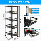Fruit Vegetable Storage Basket for Kitchen, 5 Tier Large Pull-Out Metal Wire Baskets with 4 Pack Mats Bottom, Wood Top and Wheels, Vegetable Produce Bins Stand Cart Rack for Onions and Potatoes - Image 5