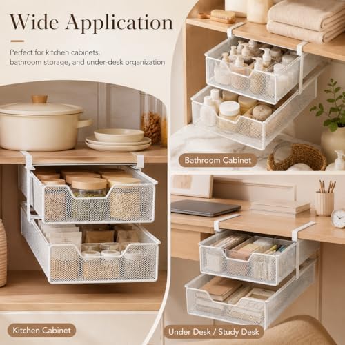 Double Layer White Closet Pull-Out Basket, Under Shelf Hanging Wire Mesh Drawer, Space-Saving Wardrobe Organizer for Socks, Underwear & Bras, 14.6 x 8.9 in - Image 6