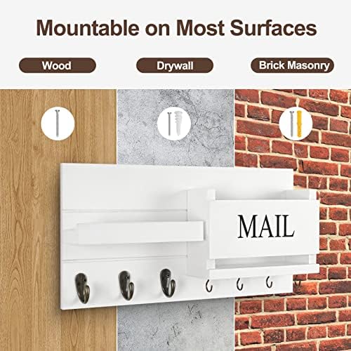 Lwenki Mail Organizer for Wall Mount – Key Holder with Shelf Includes Letter Holder and Hooks for Hallway Farmhouse Decor – Rustic Wood with Flush Mounting Hardware (16.5” x 9.1” x 3.4”) (White) - Image 7