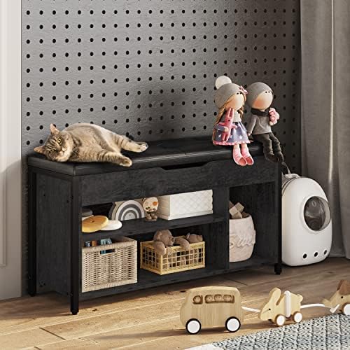 Shoe Bench, Lift Top Shoe Storage Bench, Adjustable Shelf Entryway Bench, Metal and Wood Shoe Rack Organizer with Cushion for Entry, Bedroom, Closet, Living Room, Hallway (Black, 35.5" W) - Image 3