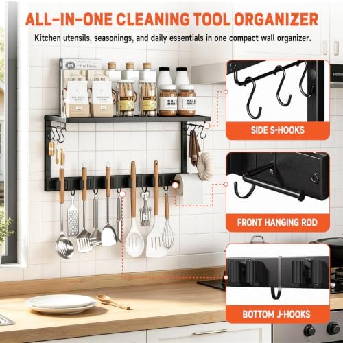 Broom Holder Wall Mount Heavy Duty, 26.8" Garage Tool Organizer with Shelf and Hooks, Metal Broom and Mop Organizer Wall Hanging for Laundry Room, Kitchen, Black - Image 5