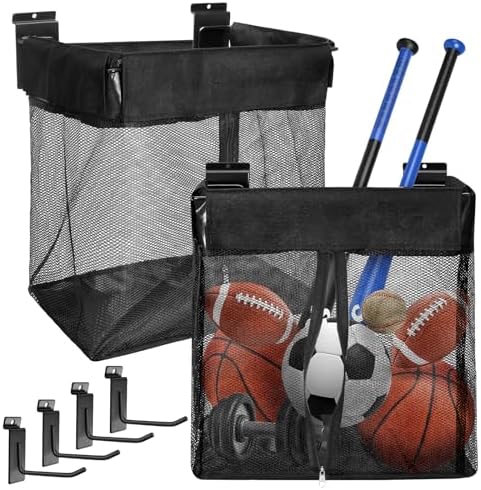 Large Mesh Slatwall Baskets 2 Sets, 16x16x12 Inch Slat Wall Mesh Baskets with 4 Hooks, 48L Mounted Hanging Slatwall Basket for Shop Garage Gym Toy Display Storage Panel Accessories by Fondpen