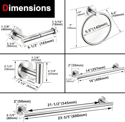 6 Pieces Brushed Nickel Bathroom Hardware Accessories Set Hand Towel Ring 16&23.6 inch Round Towel Bar Silver Toilet Paper Holder Towel Hooks 2 Pieces SUS 304 Stainless Steel,Heavy Duty,Wall Mounted - Image 7