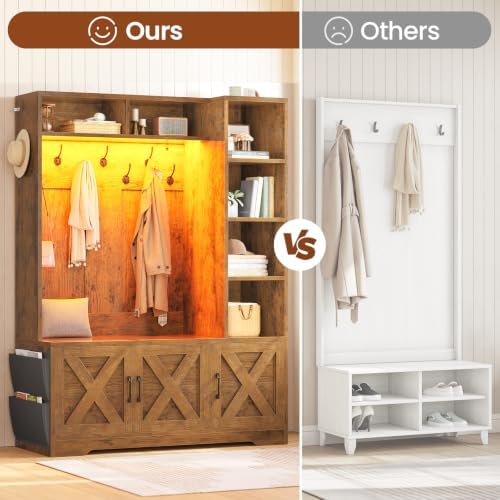 Itaar Hall Tree with Bench and Shoe Storage, Farmhouse Entryway Bench with Coat Rack, Shoe Cabinet with Adjustable Shelves, 6 Storage Cubbies, 10 Coat Hooks, Storage Bag, Led Lights, Rustic Brown - Image 4