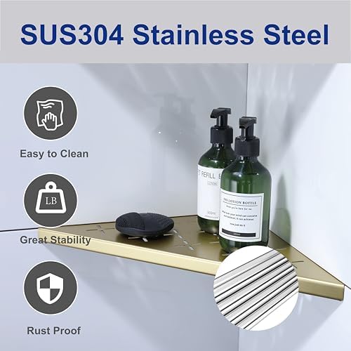 12" Corner Shower Shelf, 2-Pack Shower Shelves SUS304 Stainless Steel Bathroom Shelves for Tile Walls, Recessed Corner Shelf Organizer Rack, No Drilling (Brushed Gold) - Image 4
