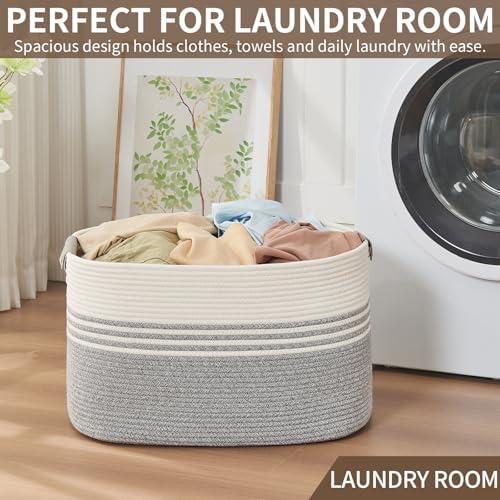 Laundry Hamper with Handles, 72L Rope Laundry Basket, Grey & White - Image 5