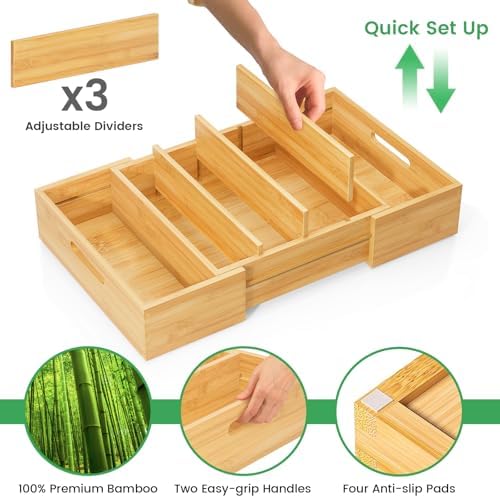 Kiasthome Expandable Bamboo Lid Organizers Inside Cabinet, Kitchen Cabinet Organizers with 3 Adjustable Dividers, Storage Plastic Lids, Food Container Lid Holder Organizer for Drawer Pantry, Nature - Image 5