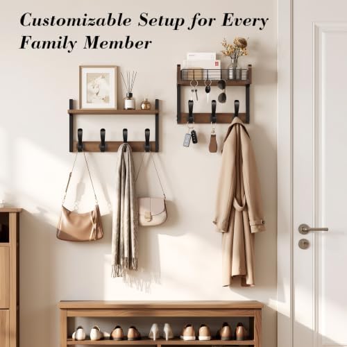 Delamu 29" Large Coat Rack Wall Mount with Shelf, 4 in 1 Shelf with 11 Hooks, Wooden Key and Mail Holder for Wall for Entryway, Living Room and Bedroom, Brown - Image 6